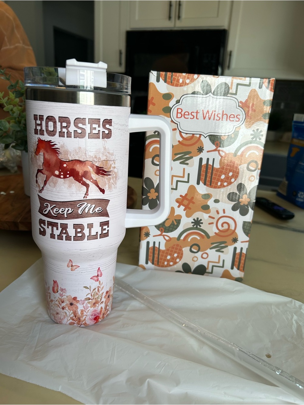 Horses Keep Me Stable Insulated Travel Tumbler - White with Rust Accents